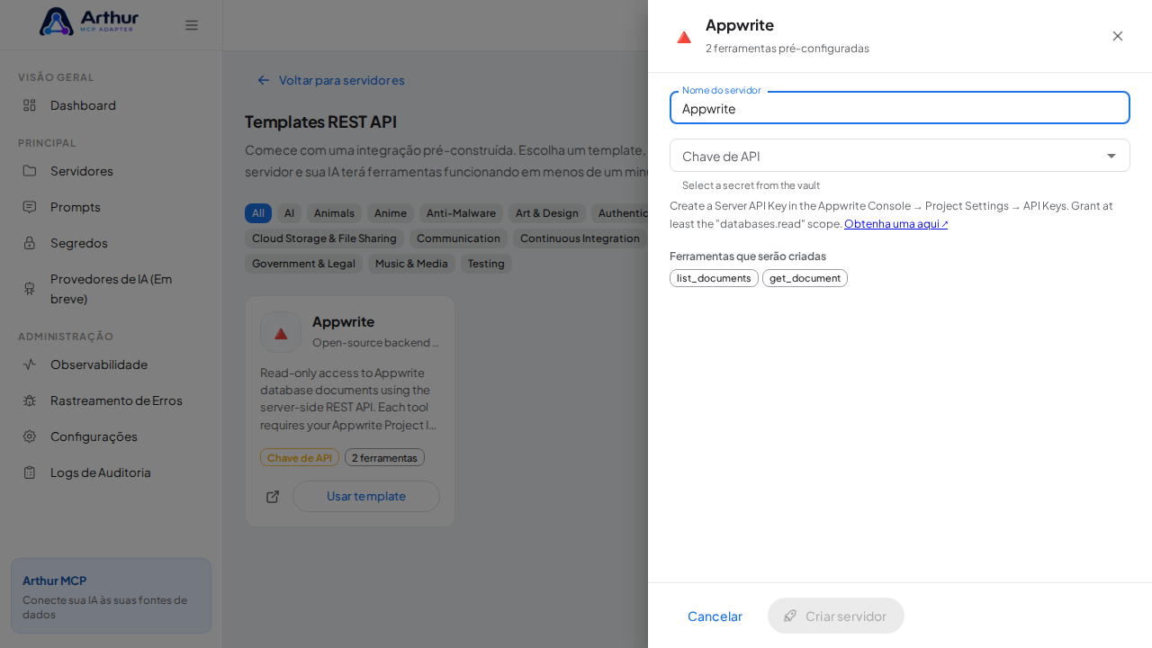 Abra o template Appwrite com suas ferramentas pré-configuradas