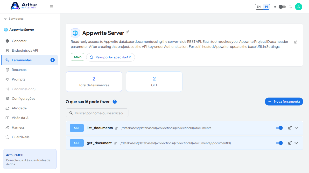 Revise as ferramentas geradas a partir do template Appwrite