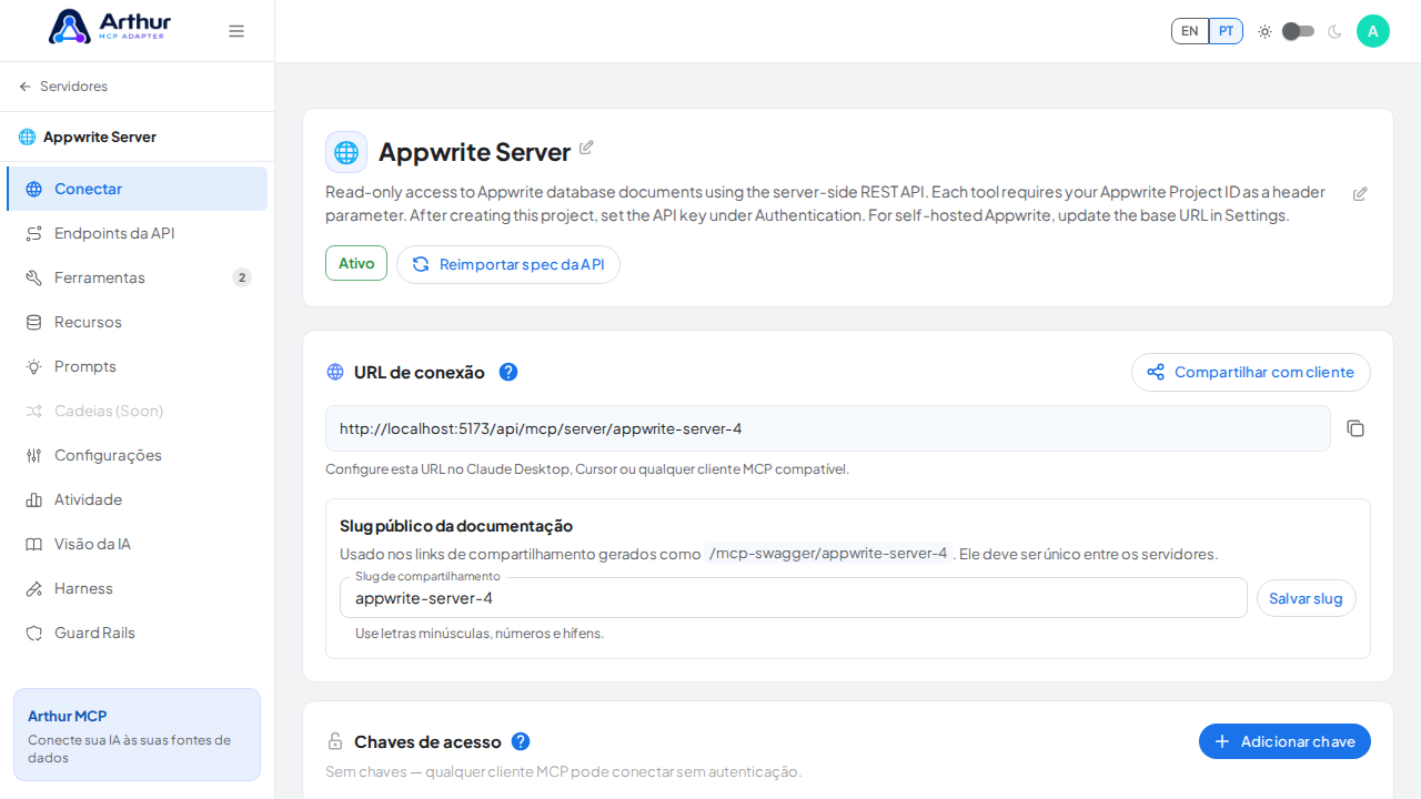 Abra a seção Conectar do servidor, onde ficam o endpoint MCP e sua documentação