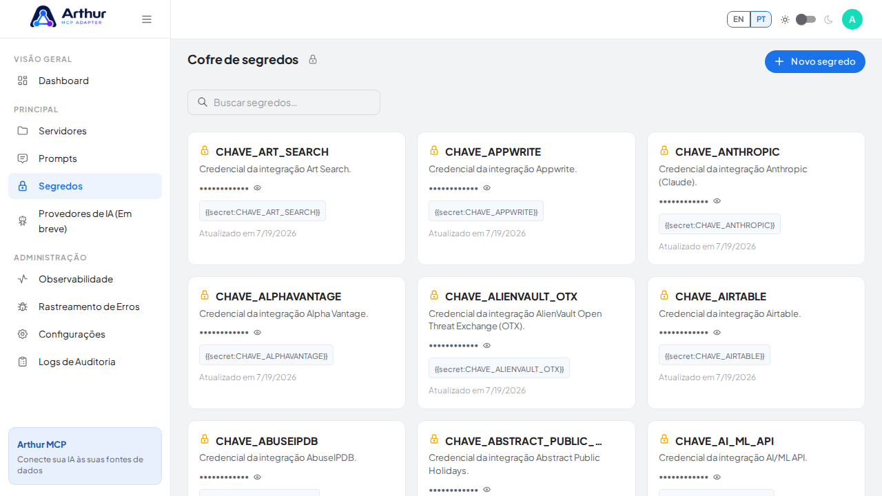 Abra o Cofre de segredos para guardar a credencial do Asana antes de usar o template