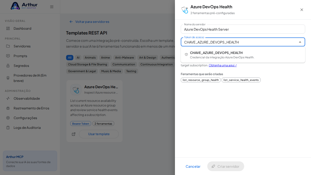 Escolha o segredo CHAVEAZUREDEVOPSHEALTH nas sugestões do cofre