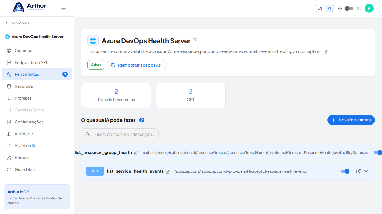 Revise as ferramentas geradas a partir do template Azure DevOps Health