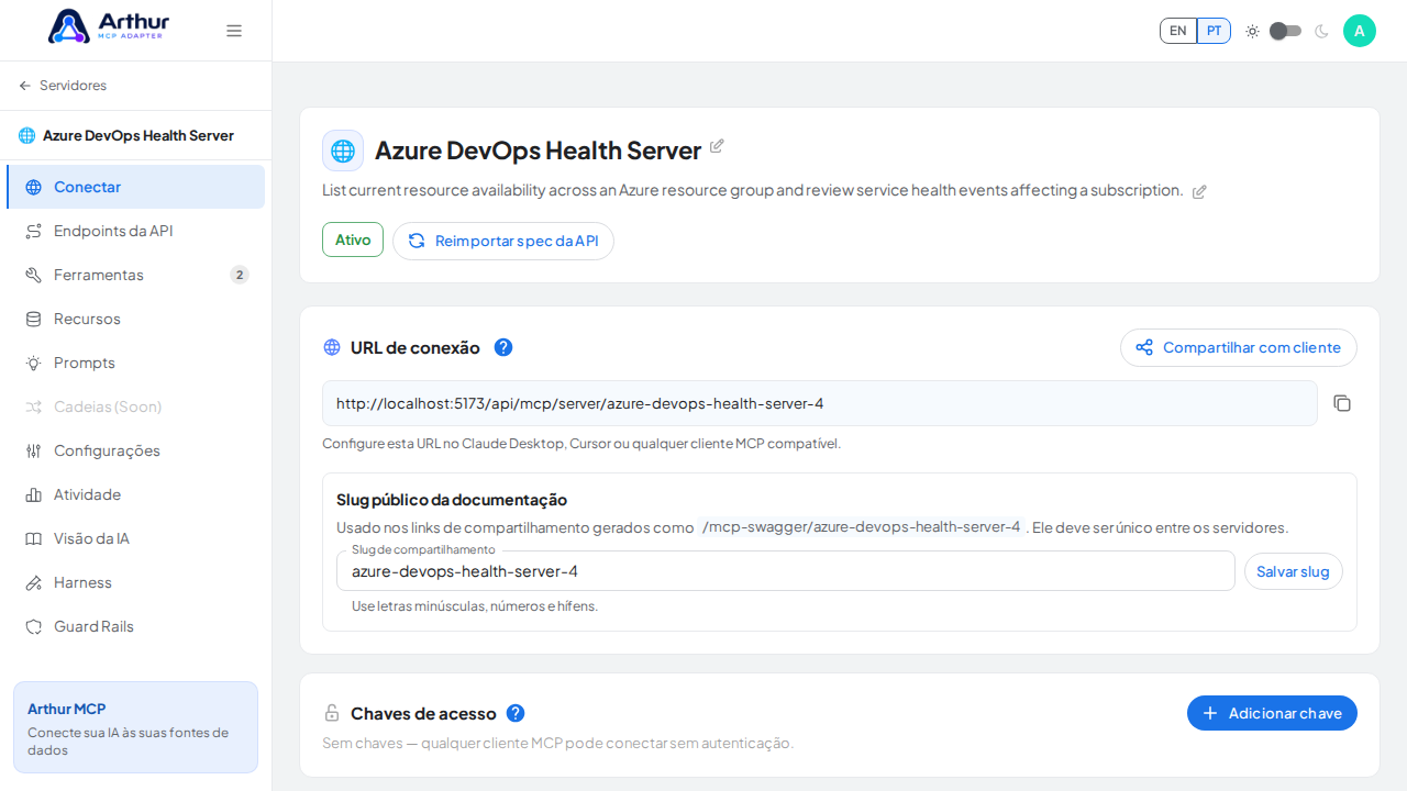 Abra a seção Conectar do servidor, onde ficam o endpoint MCP e sua documentação