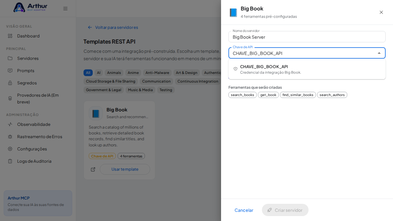 Escolha o segredo CHAVEBIGBOOKAPI nas sugestões do cofre