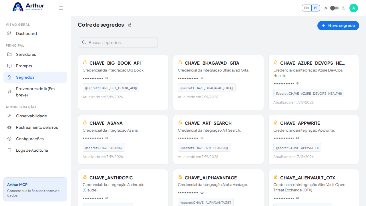 Abra o Cofre de segredos para guardar a credencial do Bitbucket antes de usar o template