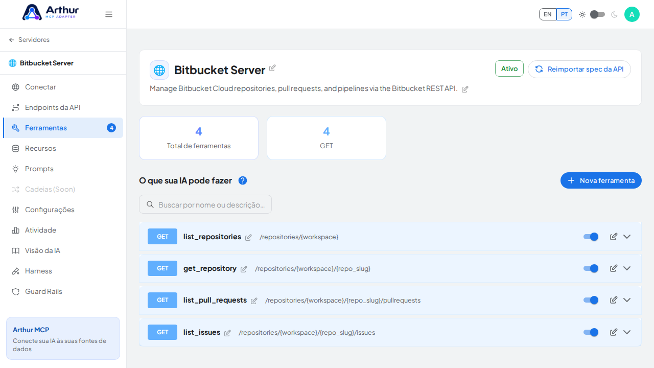 Revise as ferramentas geradas a partir do template Bitbucket