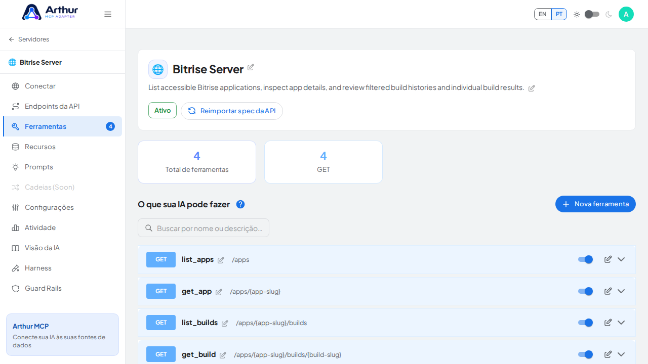 Revise as ferramentas geradas a partir do template Bitrise