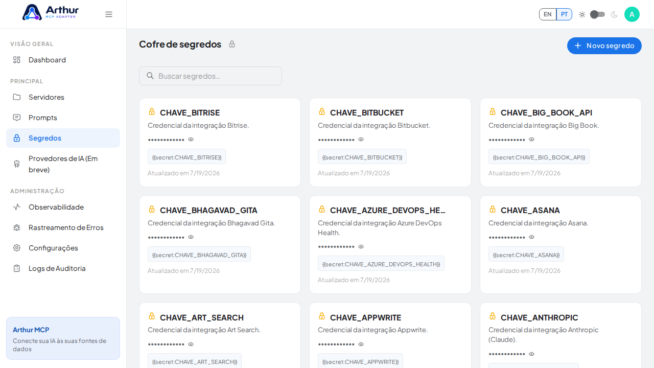 Abra o Cofre de segredos para guardar a credencial do Blockscout antes de usar o template