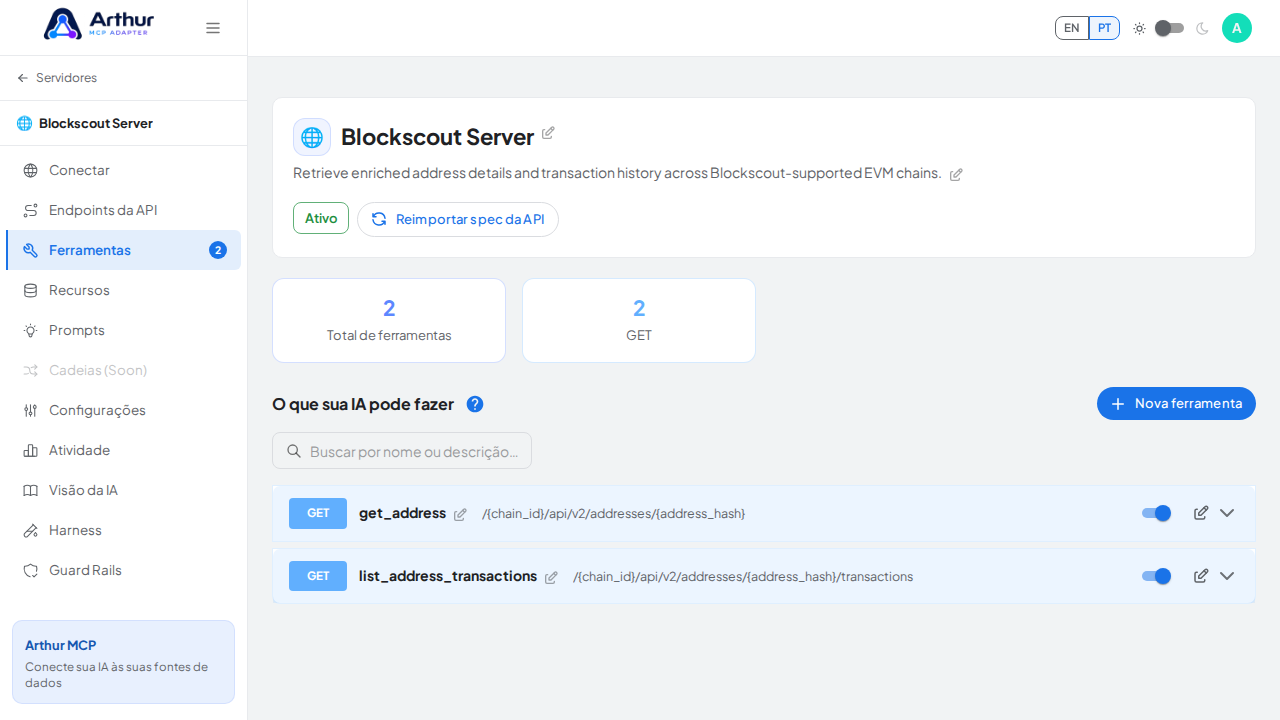 Revise as ferramentas geradas a partir do template Blockscout