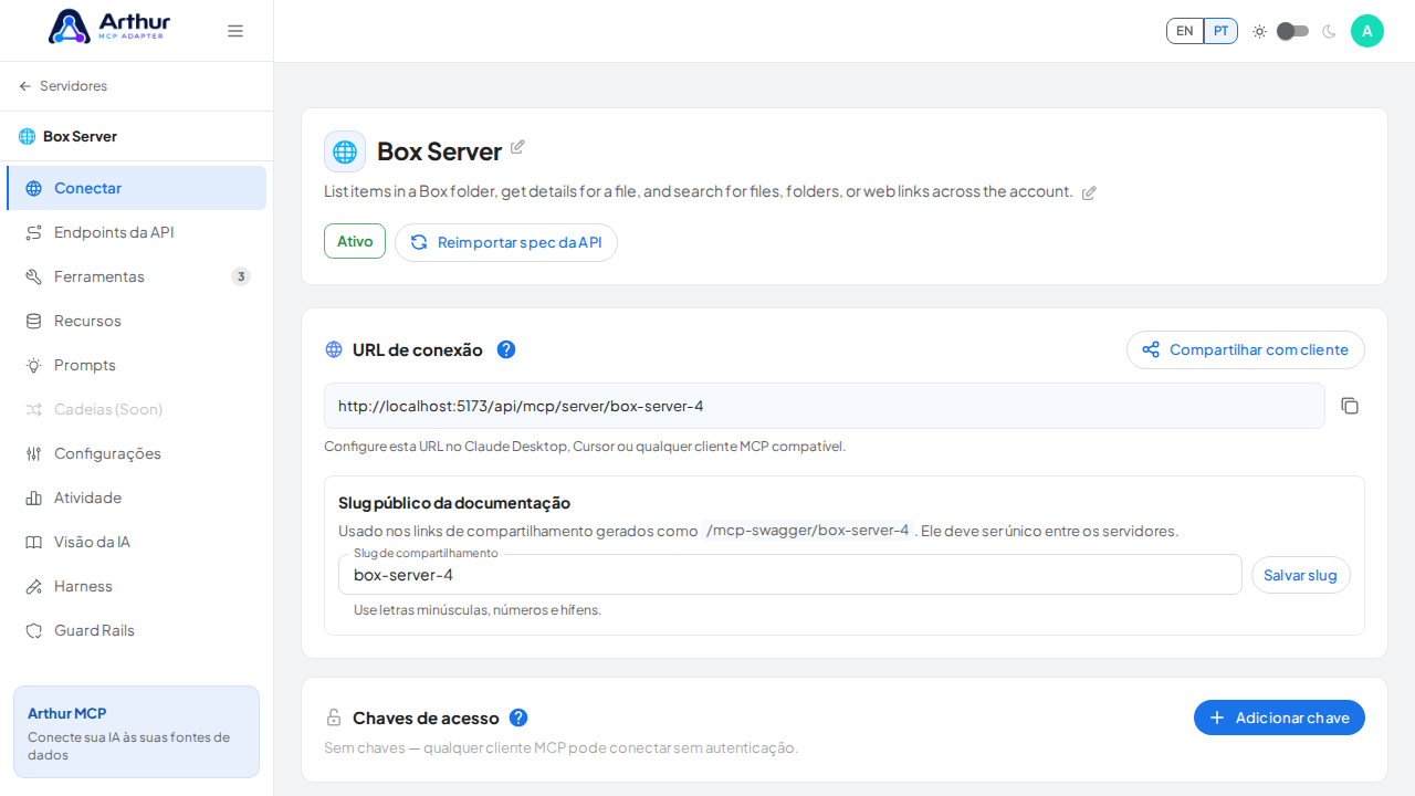 Abra a seção Conectar do servidor, onde ficam o endpoint MCP e sua documentação