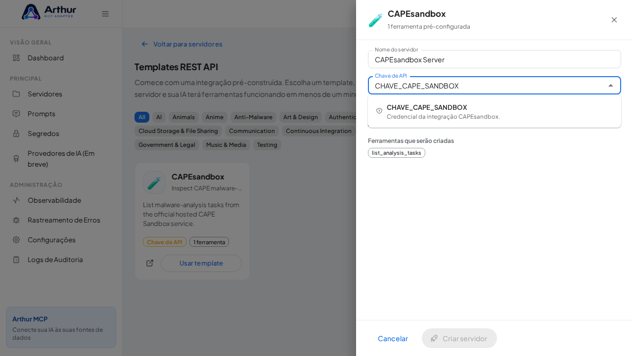 Escolha o segredo CHAVECAPESANDBOX nas sugestões do cofre