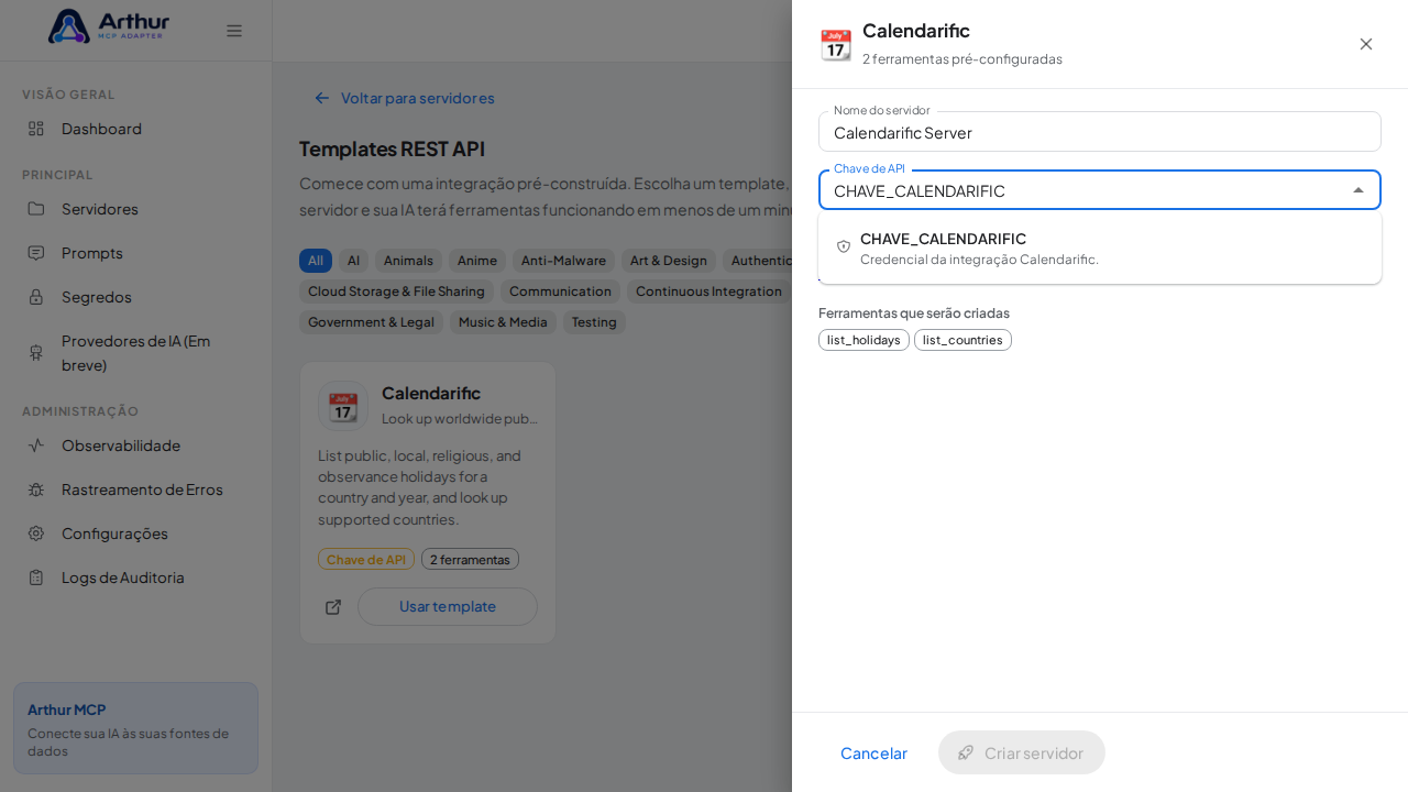 Escolha o segredo CHAVECALENDARIFIC nas sugestões do cofre