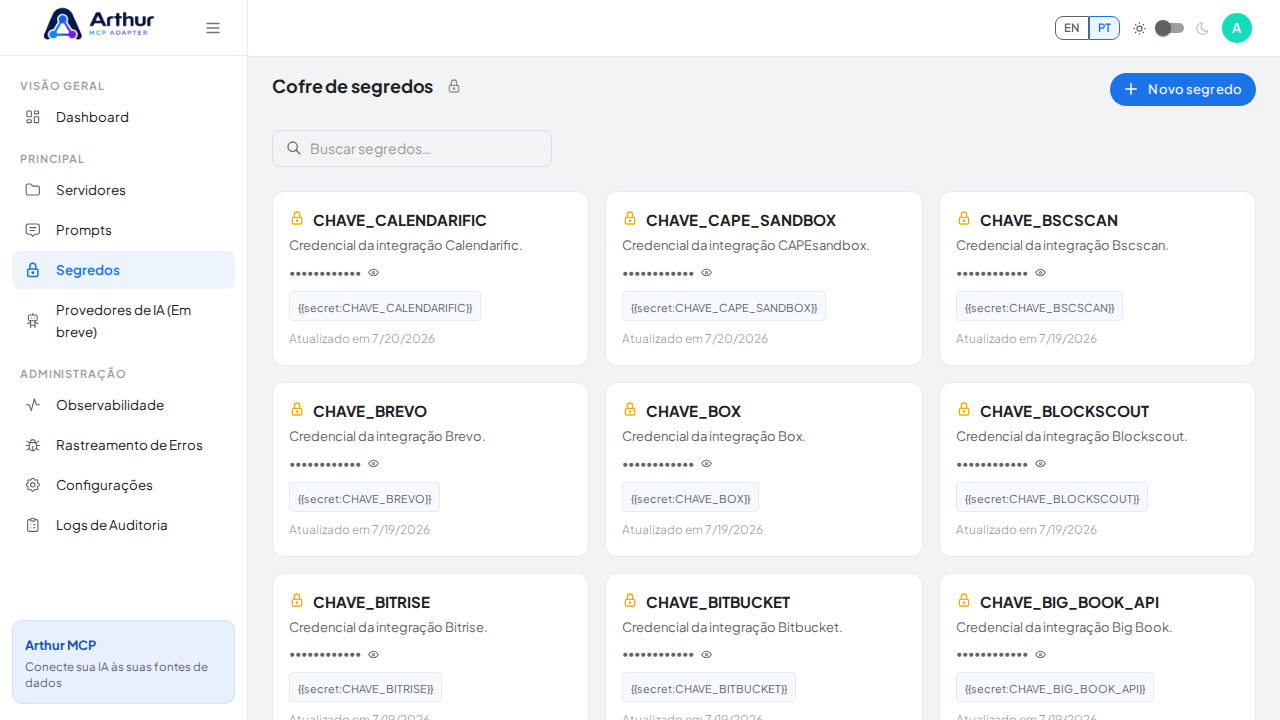Abra o Cofre de segredos para guardar a credencial do Calendly antes de usar o template