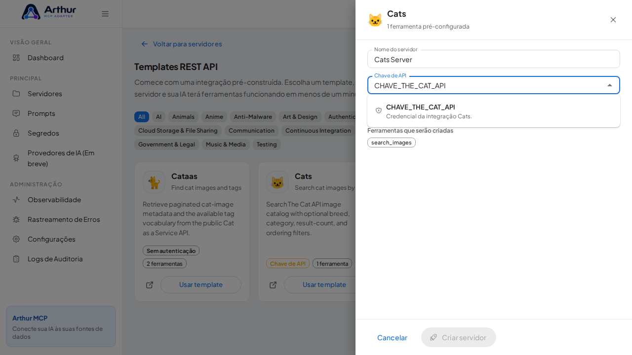 Escolha o segredo CHAVETHECATAPI nas sugestões do cofre