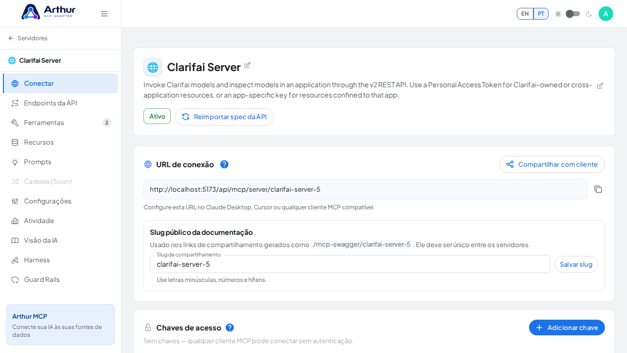 Abra a seção Conectar do servidor, onde ficam o endpoint MCP e sua documentação