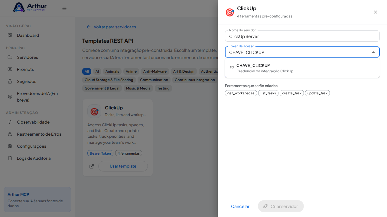 Escolha o segredo CHAVECLICKUP nas sugestões do cofre
