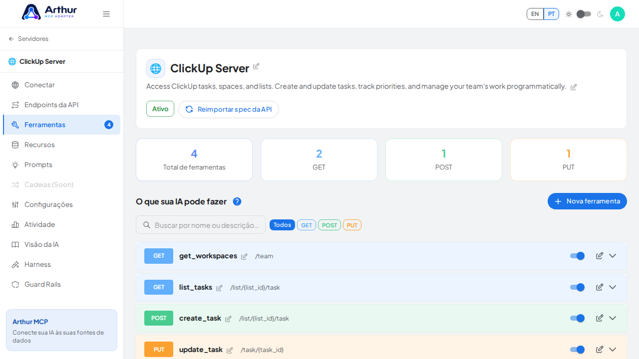 Revise as ferramentas geradas a partir do template ClickUp