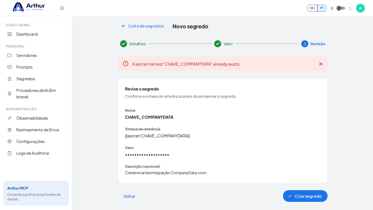 Armazene o segredo CHAVECOMPANYDATA no cofre