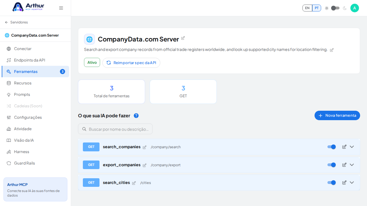 Revise as ferramentas geradas a partir do template CompanyData.com