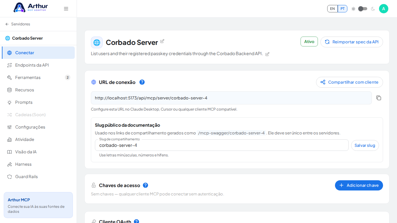 Abra a seção Conectar do servidor, onde ficam o endpoint MCP e sua documentação