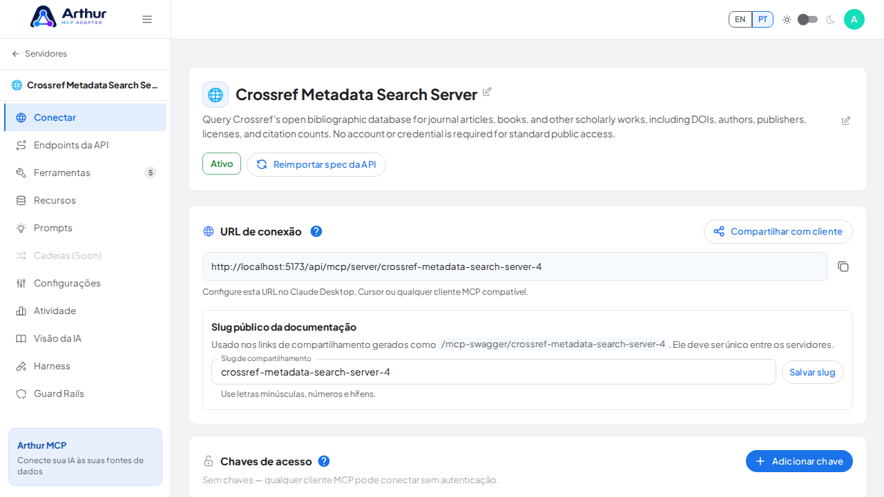 Abra a seção Conectar do servidor, onde ficam o endpoint MCP e sua documentação