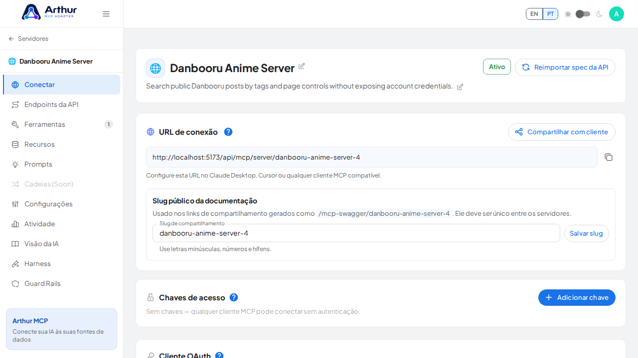 Abra a seção Conectar do servidor, onde ficam o endpoint MCP e sua documentação
