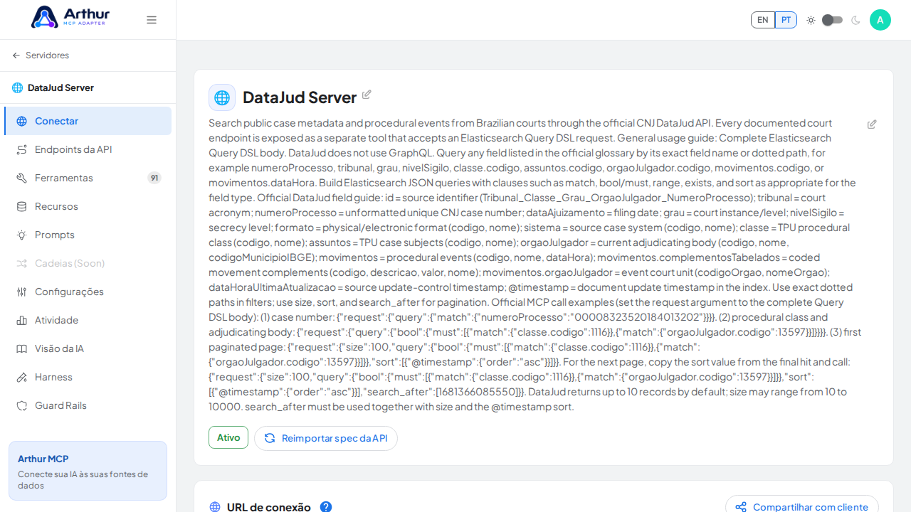 Abra a seção Conectar do servidor, onde ficam o endpoint MCP e sua documentação