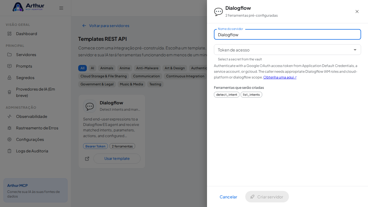 Abra o template Dialogflow com suas ferramentas pré-configuradas