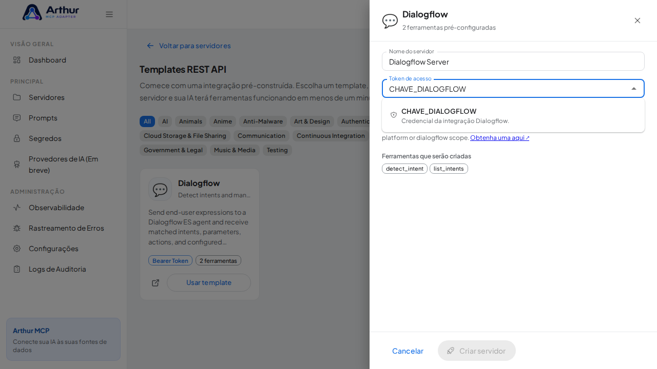 Escolha o segredo CHAVEDIALOGFLOW nas sugestões do cofre