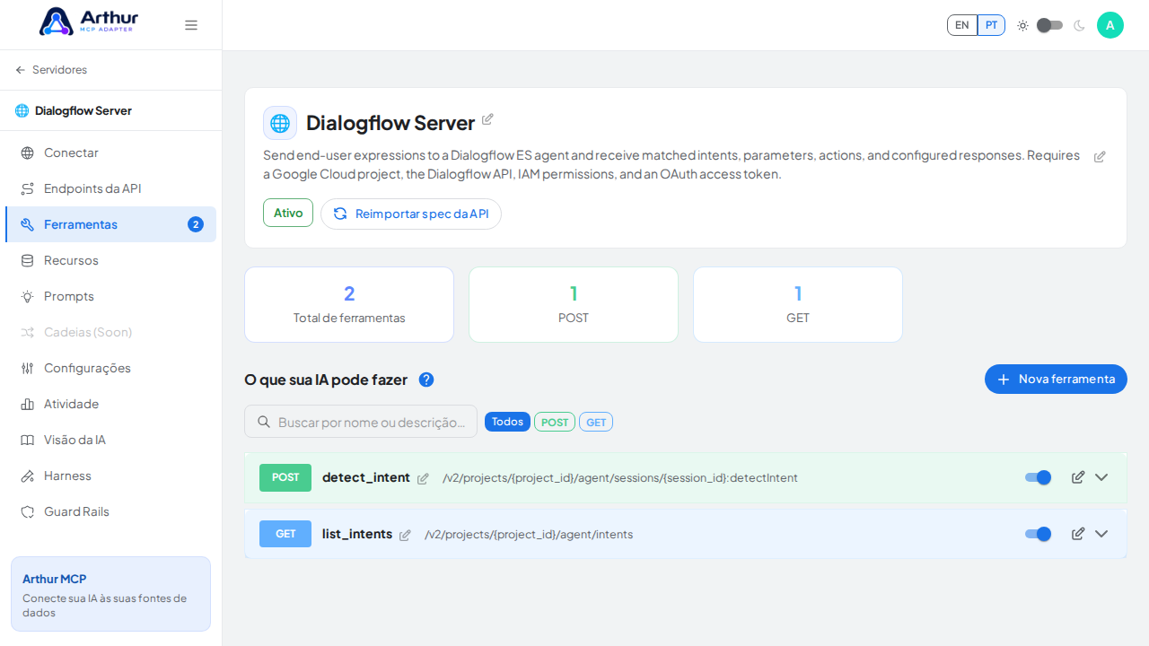 Revise as ferramentas geradas a partir do template Dialogflow