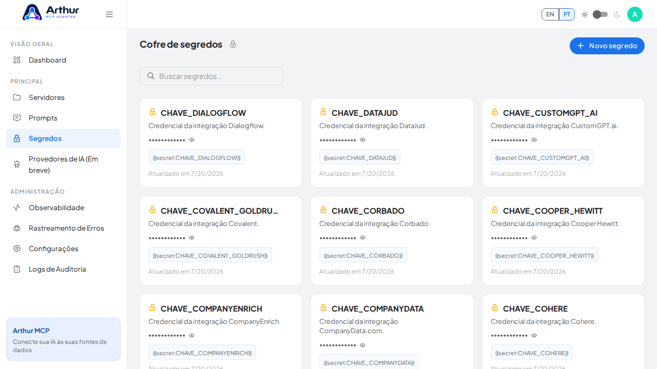 Abra o Cofre de segredos para guardar a credencial do Discord antes de usar o template