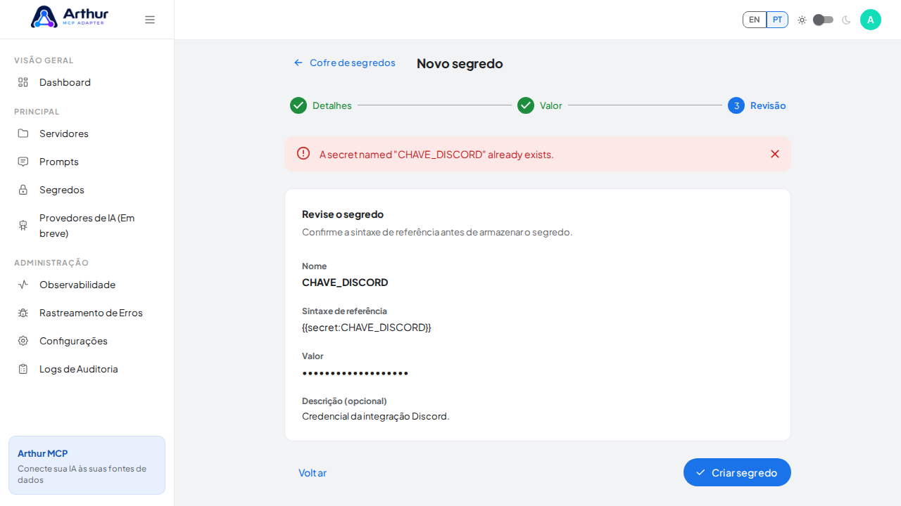 Armazene o segredo CHAVEDISCORD no cofre
