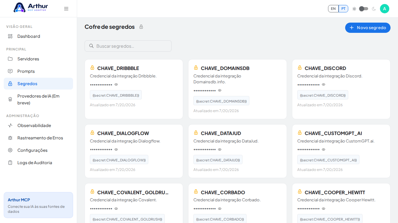 Abra o Cofre de segredos para guardar a credencial do Dropbox antes de usar o template