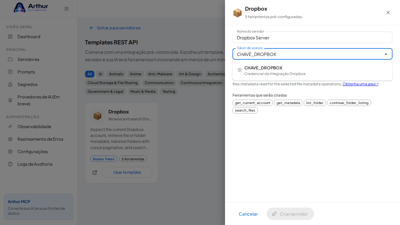 Escolha o segredo CHAVEDROPBOX nas sugestões do cofre
