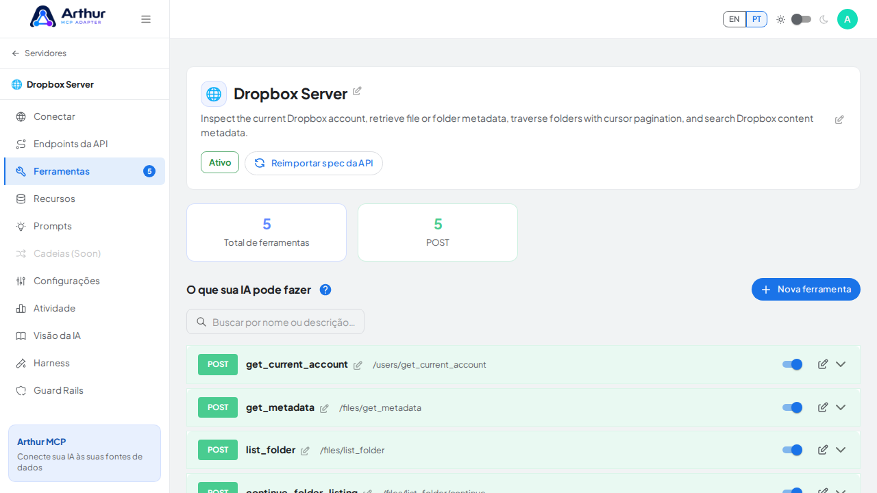 Revise as ferramentas geradas a partir do template Dropbox