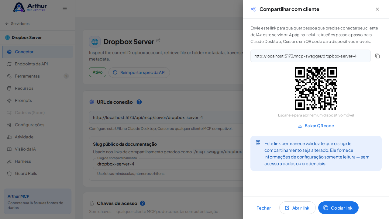 Abra o painel de compartilhamento da documentação swagger MCP