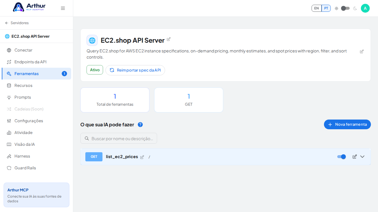 Revise as ferramentas geradas a partir do template EC2.shop API