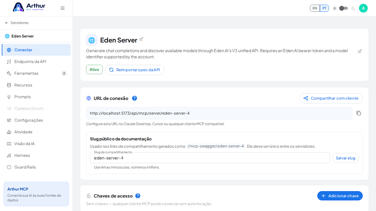 Abra a seção Conectar do servidor, onde ficam o endpoint MCP e sua documentação