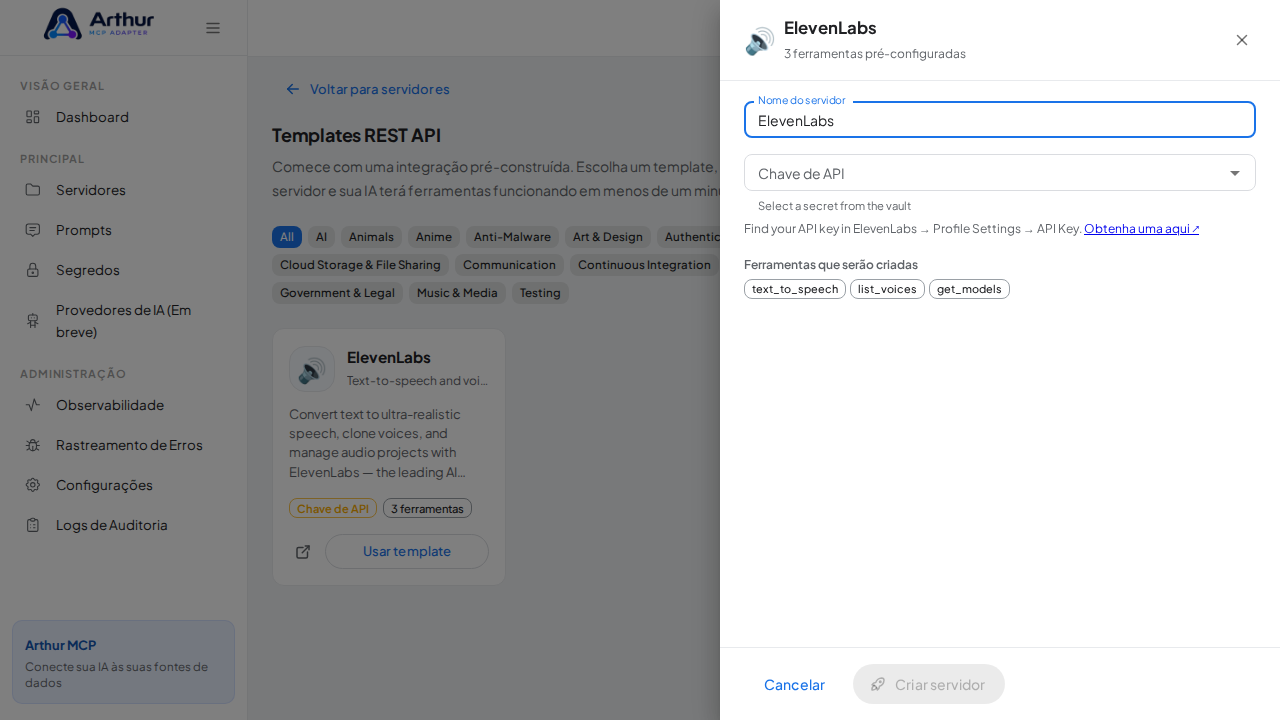 Abra o template ElevenLabs com suas ferramentas pré-configuradas