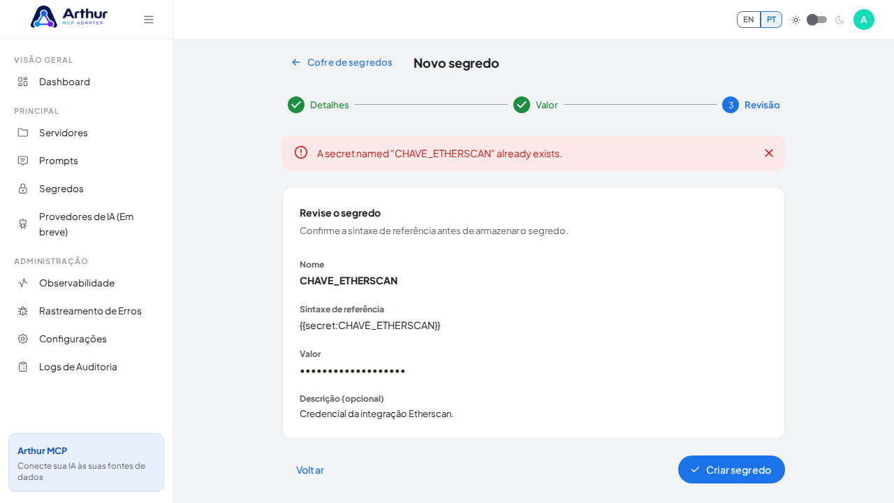 Armazene o segredo CHAVEETHERSCAN no cofre