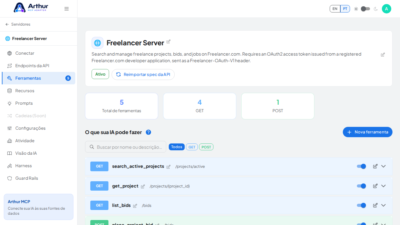 Revise as ferramentas geradas a partir do template Freelancer