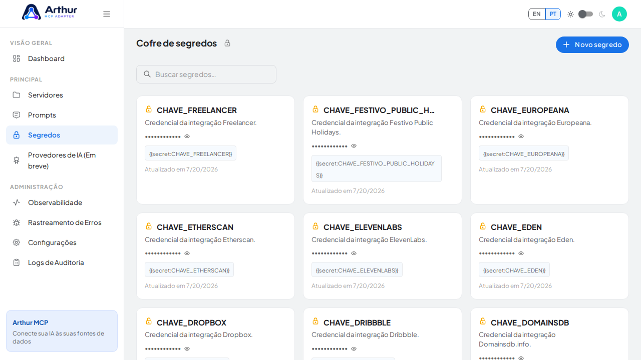 Abra o Cofre de segredos para guardar a credencial do Freshdesk antes de usar o template