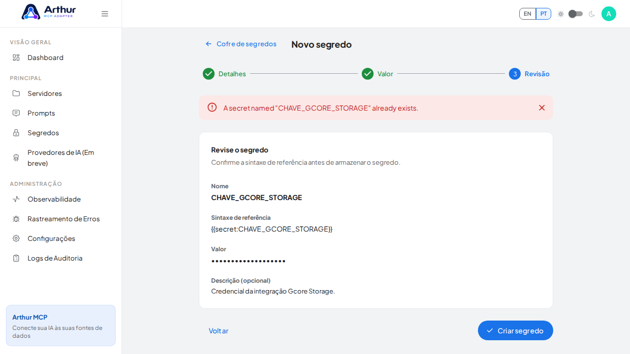 Armazene o segredo CHAVEGCORESTORAGE no cofre