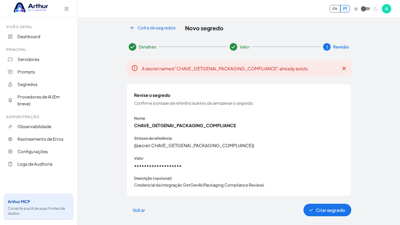 Armazene o segredo CHAVEGETGENAIPACKAGINGCOMPLIANCE no cofre