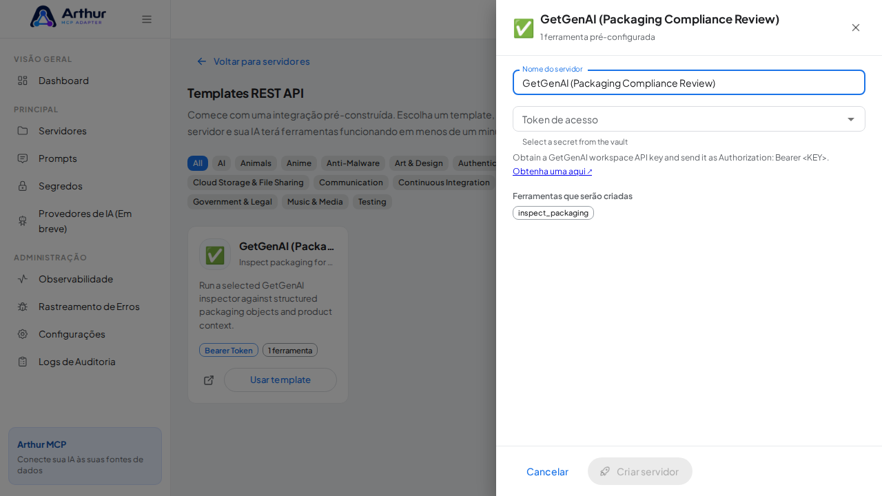 Abra o template GetGenAI (Packaging Compliance Review) com suas ferramentas pré-configuradas