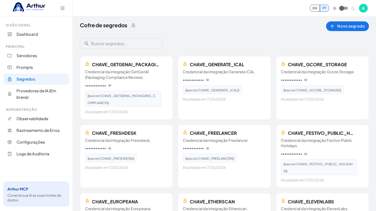 Abra o Cofre de segredos para guardar a credencial do GetOTP antes de usar o template