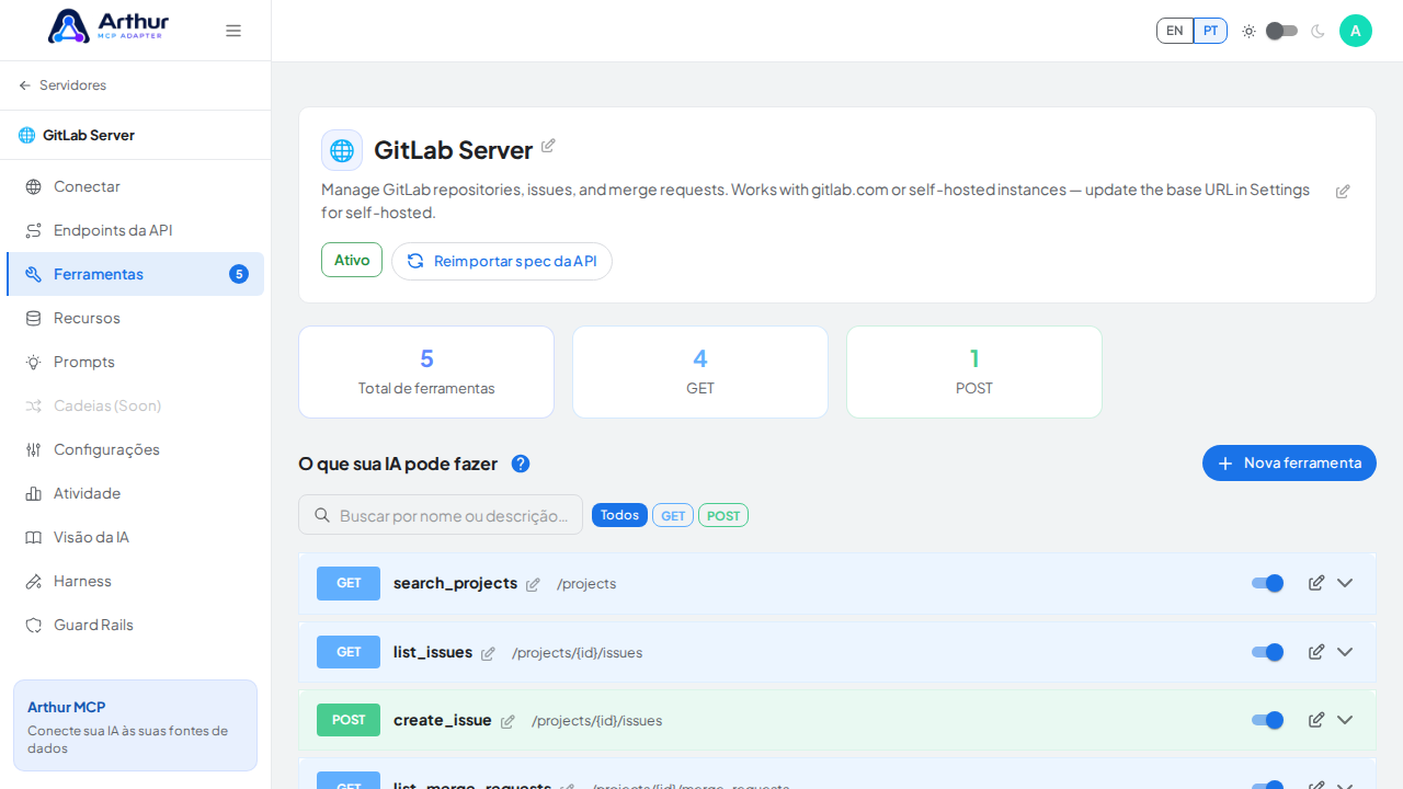 Revise as ferramentas geradas a partir do template GitLab