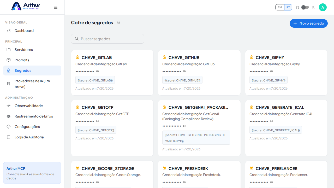 Abra o Cofre de segredos para guardar a credencial do Gladia antes de usar o template