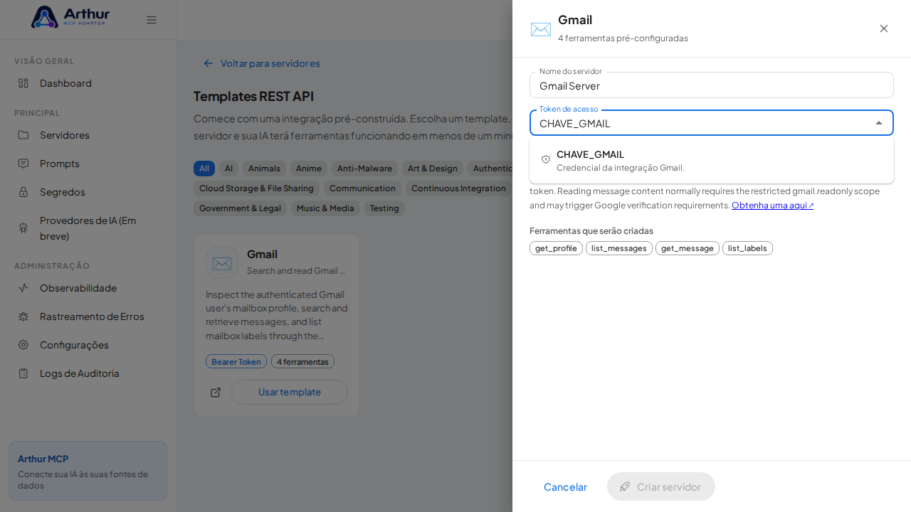Escolha o segredo CHAVEGMAIL nas sugestões do cofre