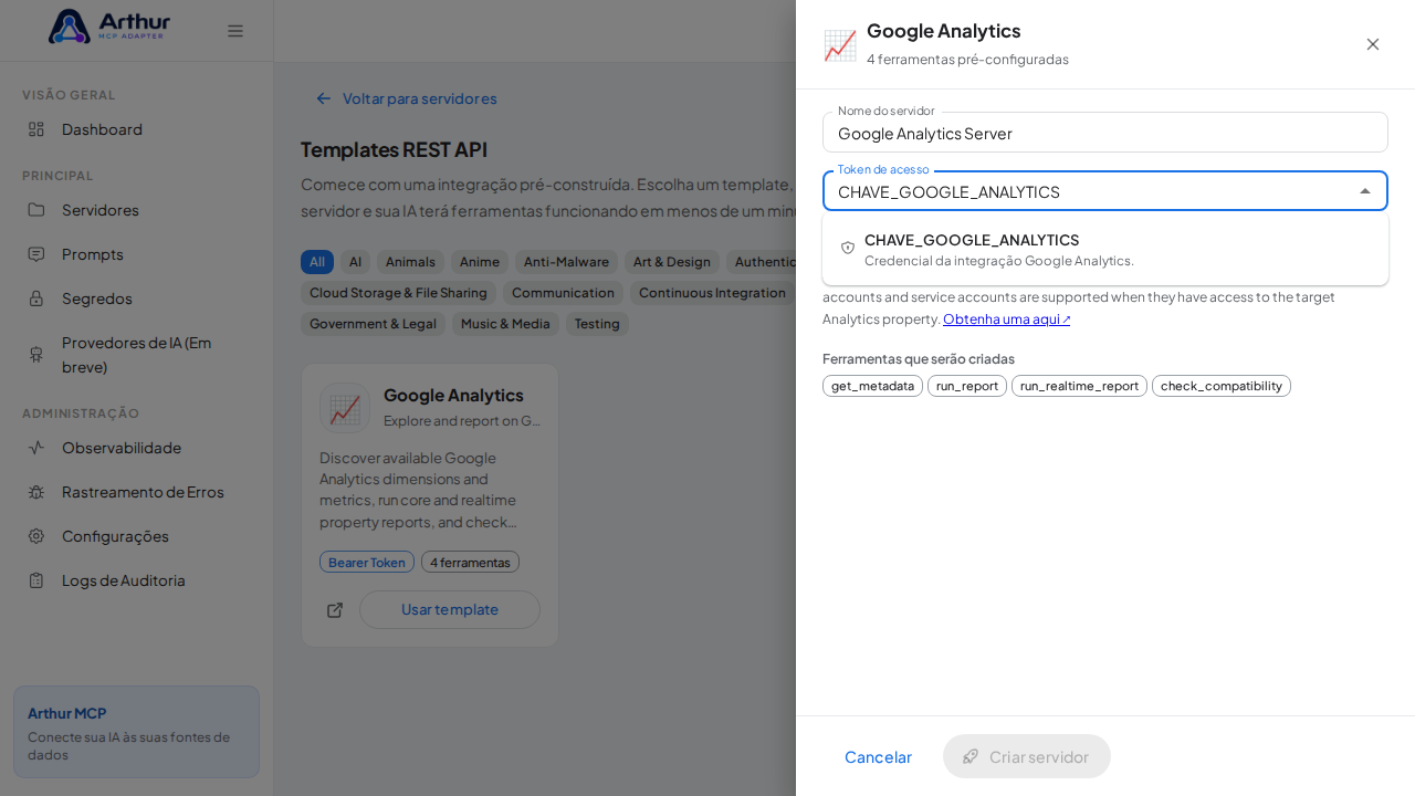 Escolha o segredo CHAVEGOOGLEANALYTICS nas sugestões do cofre